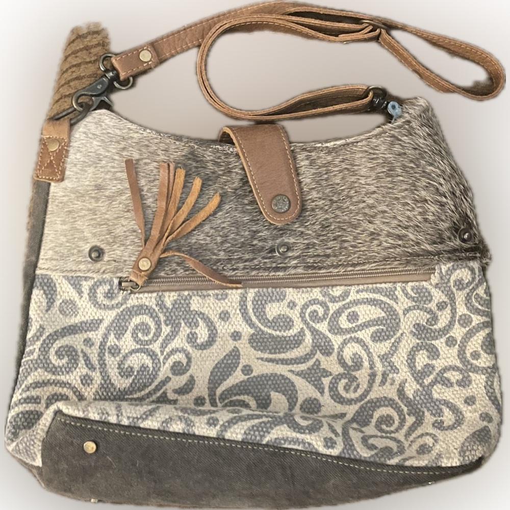 Myra Shoulder Bag with Flourish Print, Gray Fur and Leather Adjustable Strap